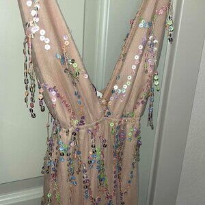 Womens Maxi Gown w/ V-line Neck and Color Sequins - Nude (M)